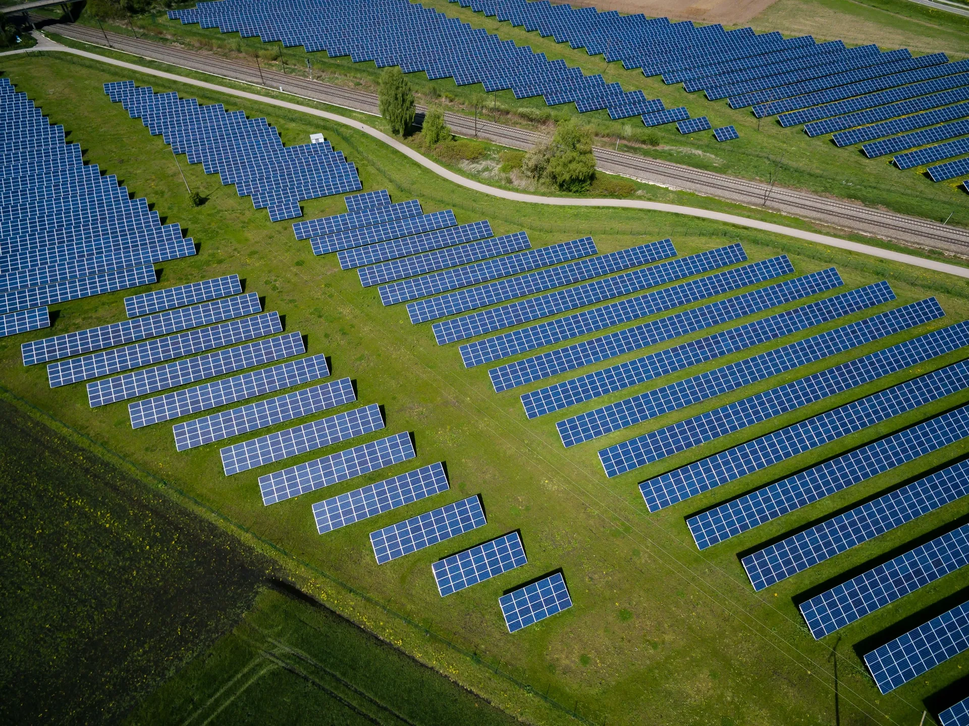 Wide aerial view of a photovoltaic field
